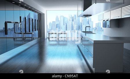 Modern high tech cucina con la vista sul paesaggio urbano di grattacieli. Foto Stock