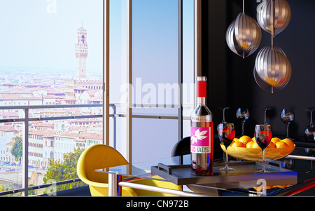 Vino rosso bottiglia in un vassoio con due bicchieri di vino e una finestra aperta sul panorama di Firenze. Foto Stock