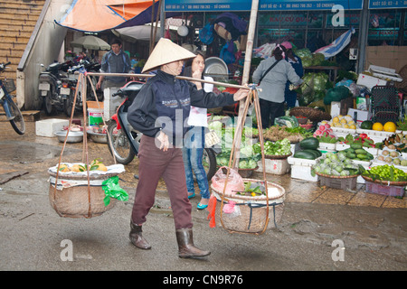 La donna a piedi lungo una strada che porta frutto nella città vecchia, Hanoi, Vietnam Foto Stock