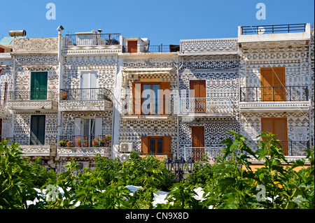 Xysta decorazioni sulle case di Pygri, geometic decorazioni a motivi geometrici sulle case dei villaggi di mastice di Chios Foto Stock