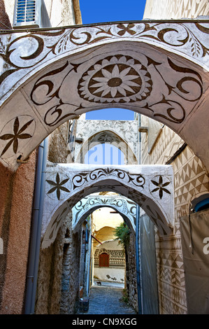 Xysta decorazioni sulle case di Pygri, geometic decorazioni a motivi geometrici sulle case dei villaggi di mastice di Chios Foto Stock
