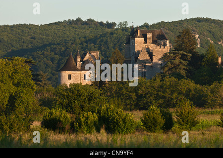 Francia, Dordogne, la valle della Dordogna, Perigord nero, Fayrac, Castello di Fayrac nella luce della sera Foto Stock