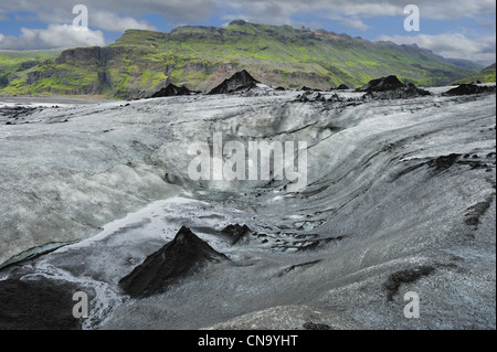 Vista del ghiacciaio Solheimajokull, Islanda Foto Stock