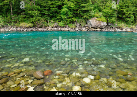 Il Cile, Patagonia, Los Lagos regione, parco nazionale di Vicente Perez Rosales, salto del Rio Petrohue, rocce in acqua e chiaro Foto Stock