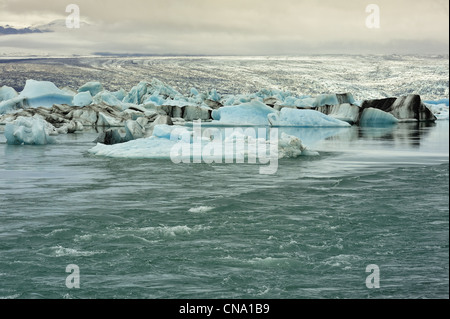 Il flusso dalla laguna di ghiaccio Jokulsarlon per oceano Atlantico, Islanda Foto Stock