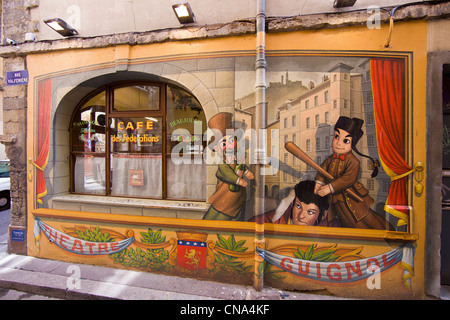 Francia, Rhone, Lione, storico sito elencato come patrimonio mondiale dall' UNESCO, murale su Cafe des Federazioni Bouchon Lyonnais Foto Stock