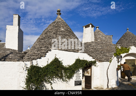 Italia Puglia Provincia di Bari, Alberobello, Trulli borrough (secco vecchi edifici in pietra con tetto in ardesia), elencato come Wolrd Heritage Foto Stock