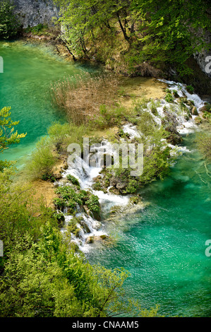 Laghi di Plitvice acqua minerale laghi e cascate. Laghi di Plitvice ( Plitvička ) Lakes National Park, Croazia. Un sito Patrimonio Mondiale dell'UNESCO Foto Stock