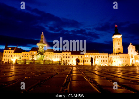 Repubblica ceca, della Boemia Meridionale, Ceske Budejovice, Sansone fontana sulla Premysl Otakar II, la piazza principale Foto Stock