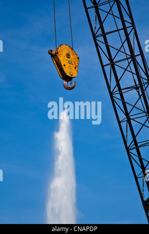 Immagine astratta della fontana Jet d'eau e un gancio della gru, Ginevra, Svizzera Foto Stock