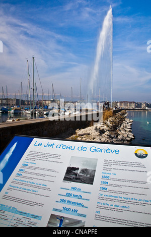 Un segno di dare i dettagli della fontana Jet d'eau a Ginevra, Svizzera Foto Stock