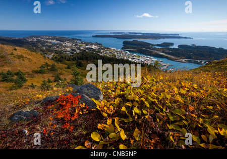 Vista panoramica affacciato sul centro di Kodiak, Chiniak Bay e isole di barriera dal pilastro montagna, isola di Kodiak, Southwest Alaska Foto Stock