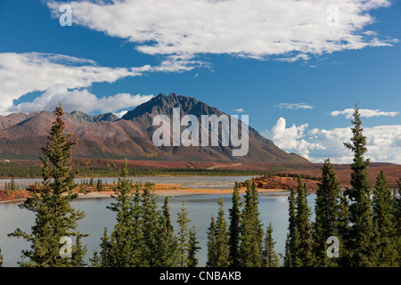 Vista panoramica del fiume Susitna vicino al Denali Highway, Interior Alaska, Autunno Foto Stock