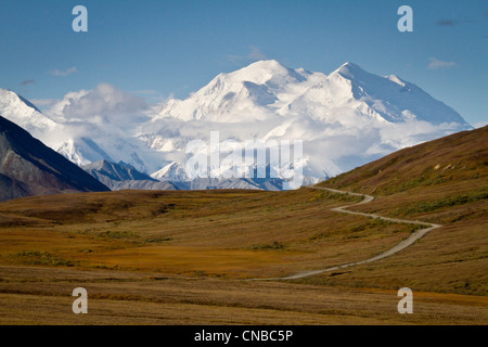 Vista di Mt. McKinley e Stony Hill nel Parco Nazionale e Riserva di Denali, Interior Alaska, caduta Foto Stock