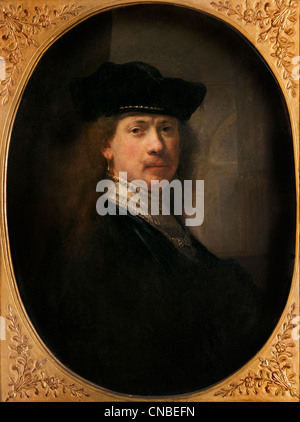 Ritratto Di Auto giovani con il cappuccio e l'architettura 1640 Rembrandt Harmensz. van Rijn olandese 1606-1669 Paesi Bassi Foto Stock