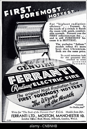 Originale pagina doppia 1930 rivista dei consumatori pubblicità pubblicità la FERRANTI fuoco elettrico Foto Stock