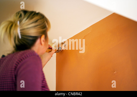 Lady, donna decorazione di hall e scale pareti di pittura con rullo a spazzola vicino a cambiare colore Foto Stock