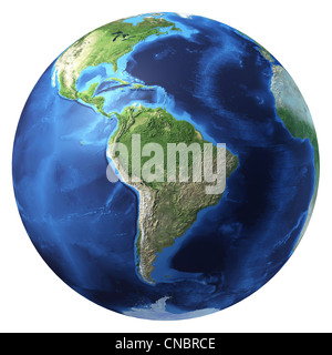 Globo terrestre, realistico in 3D rendering. Sud America vista. Su sfondo bianco. Foto Stock
