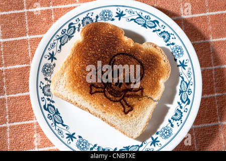 Il Teschio e Ossa incrociate bruciato in un pezzo di toast sulla piastra. La malattia celiaca allergia al glutine Foto Stock