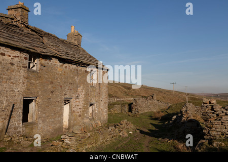 Una casa abbandonata e edifici agricoli vicino Rookhope nel nord Penines con macerie che circonda, man mano che si scende verso la rovina Foto Stock