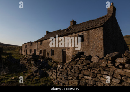 Una casa abbandonata e edifici agricoli vicino Rookhope nel nord Penines con macerie che circonda, man mano che si scende verso la rovina Foto Stock