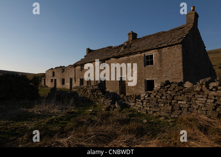 Una casa abbandonata e edifici agricoli vicino Rookhope nel nord Penines con macerie che circonda, man mano che si scende verso la rovina Foto Stock