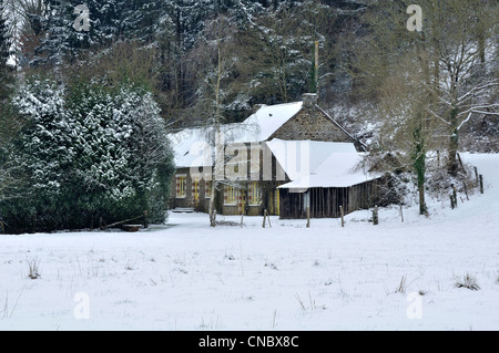 Country house sotto la neve, valley piantati con abeti e alberi di quercia (Nord Mayenne, Pays de la Loire, Francia). Foto Stock