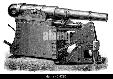 Illustrazione storica del XIX secolo, raffigurazione di un cannone tedesco da Krupp Foto Stock