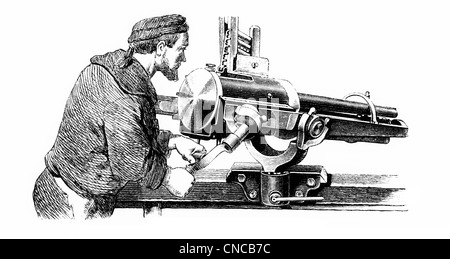 Illustrazione storica del XIX secolo, raffigurazione di un American revolver cannon, mitragliatrice Foto Stock