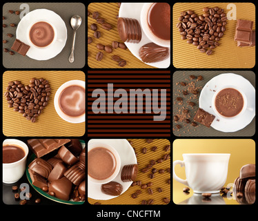 Composta di collage di foto di dolci al cioccolato, i chicchi di caffè e cioccolata calda in una tazza Foto Stock