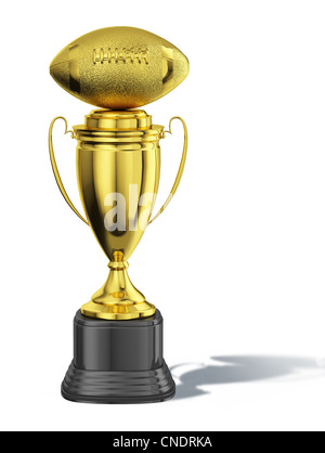 Coppa del trofeo, con un calcio americano la sfera verso l'alto. Tutti in oro nero con piano seminterrato. Foto Stock