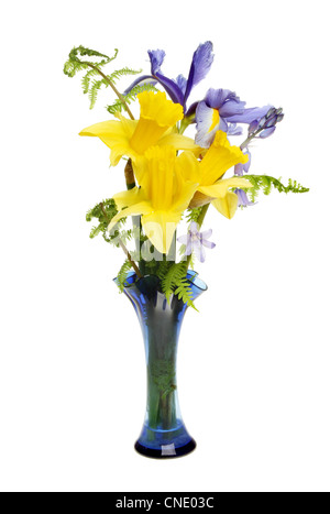 Disposizione di daffodil, iris e bluebell fiori con fronde di felce in un vaso di vetro isolato contro bianco Foto Stock