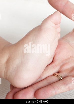 Baby calcio nelle mani di Madre su sfondo bianco Foto Stock