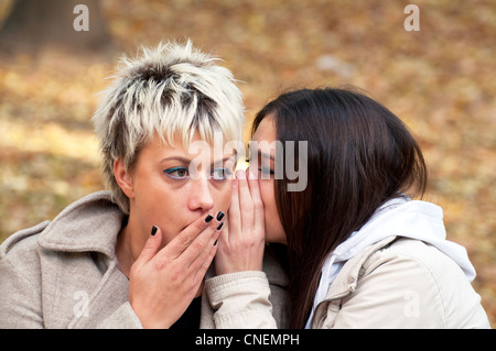 Due amici whispernig segreti Foto Stock