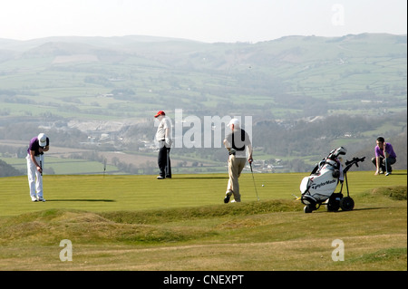 Gli amanti del golf putting all'ottavo verde a Kington Golf Club, Bradnor Hill, Kington, Herefordshire. Foto Stock