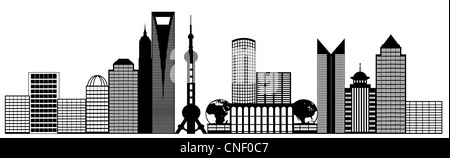 Cina Shanghai Pudong skyline della città Panorama in bianco e nero Silhouette Clip Art illustrazione Foto Stock