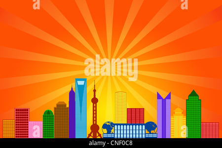 Cina Shanghai Pudong skyline della città Panorama Silhouette a colori con raggi di sole Clip Art illustrazione Foto Stock