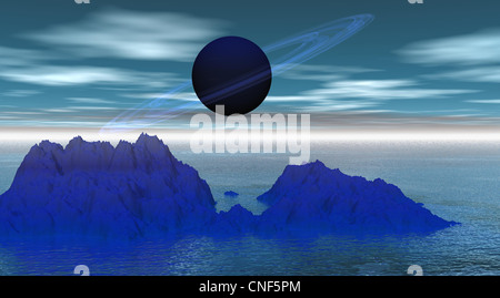 Il pianeta blu saturne con una montagna in acqua Foto Stock