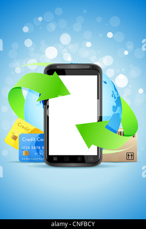 Vuoto Toccare Telefono con globo terrestre le carte bancarie e la scatola di cartone Foto Stock