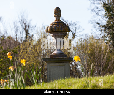 Banca di daffodil fiori con un vecchio giardino urna in scena pacifica Foto Stock