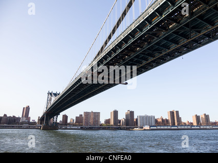 Midtown Manhattan visibile sotto span di Manhattan bridge Foto Stock