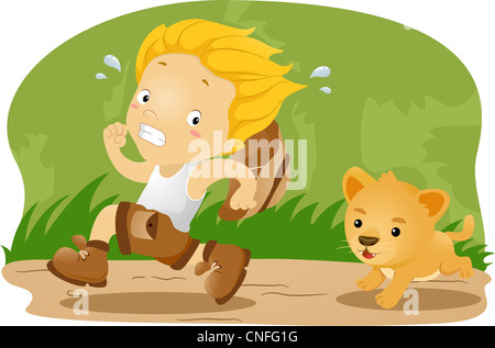 Illustrazione di un bambino di essere inseguito da un Lion Cub Foto Stock