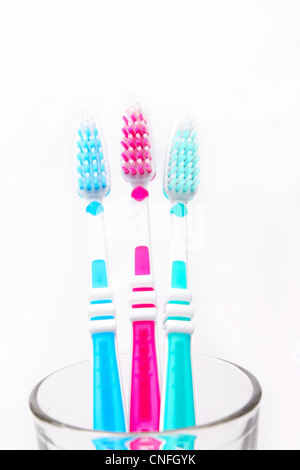Tre spazzolini da denti in un bicchiere su sfondo bianco Foto Stock