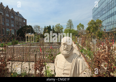 Holland, Leyden, Hortus Botanicus, giardino botanico dell'Università di Leida, statua di Carolus Clusius. Foto Stock