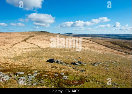 Vista guardando su Dartmoor da Beardown Tor verso nord Moor, Devil's Tor che mostra il granito affioramenti rocciosi Foto Stock