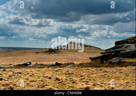 Vista guardando su Dartmoor da Beardown Tor verso nord Moor, Devil's Tor che mostra il granito affioramenti rocciosi Foto Stock