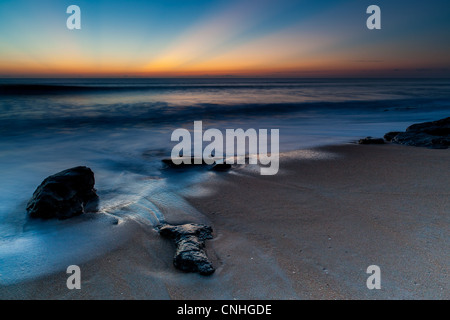 Un sunrise immagine presa a Washington oaks giardini del parco statale in Palm Coast, fl. Questo è sul lato oceano del parco. la roccia fuori-mozzare in questa immagine è composta da coquina rock, che è una combinazione di conchiglie di mare e sabbia legati insieme con calcite. Questa pietra è stata utilizzata per la costruzione nella zona per secoli. washington oaks gardens state park è situato a sud di st. Agostino nella città di palm coast. L'albergo era una volta di proprietà di un parente lontano di George Washington. I giardini, situato tra la costa e il fiume Mantanzas sono stati stabiliti da louise e owen Foto Stock