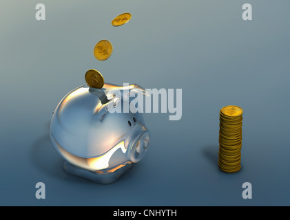 Monete del dollaro di entrare nel salvadanaio Foto Stock