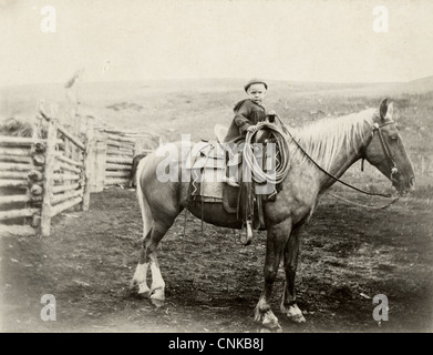 Little Boy cowboy a cavallo di un cavallo Too-Big Foto Stock