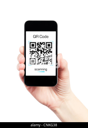 Mano azienda mobile smart phone con il codice QR scanner sullo schermo. Isolato su bianco. Foto Stock